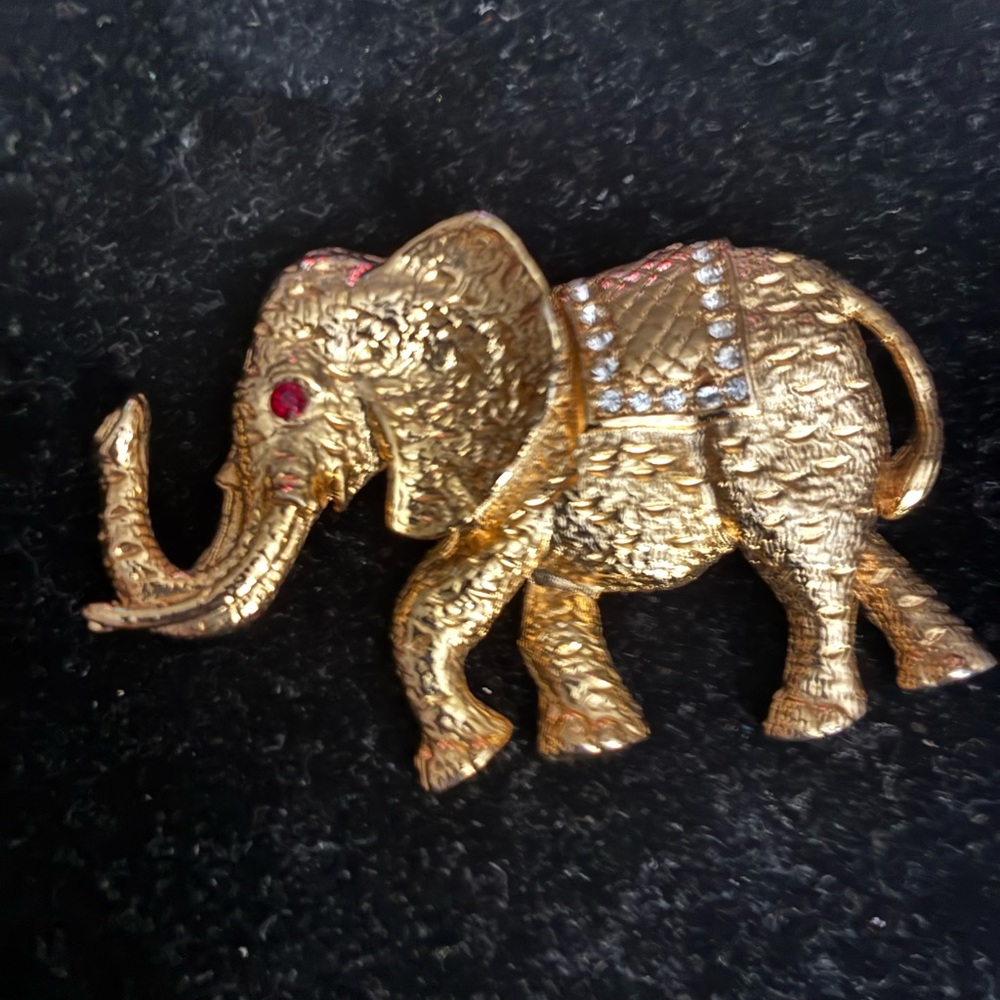Gold Elephant Brooch with Red Accents